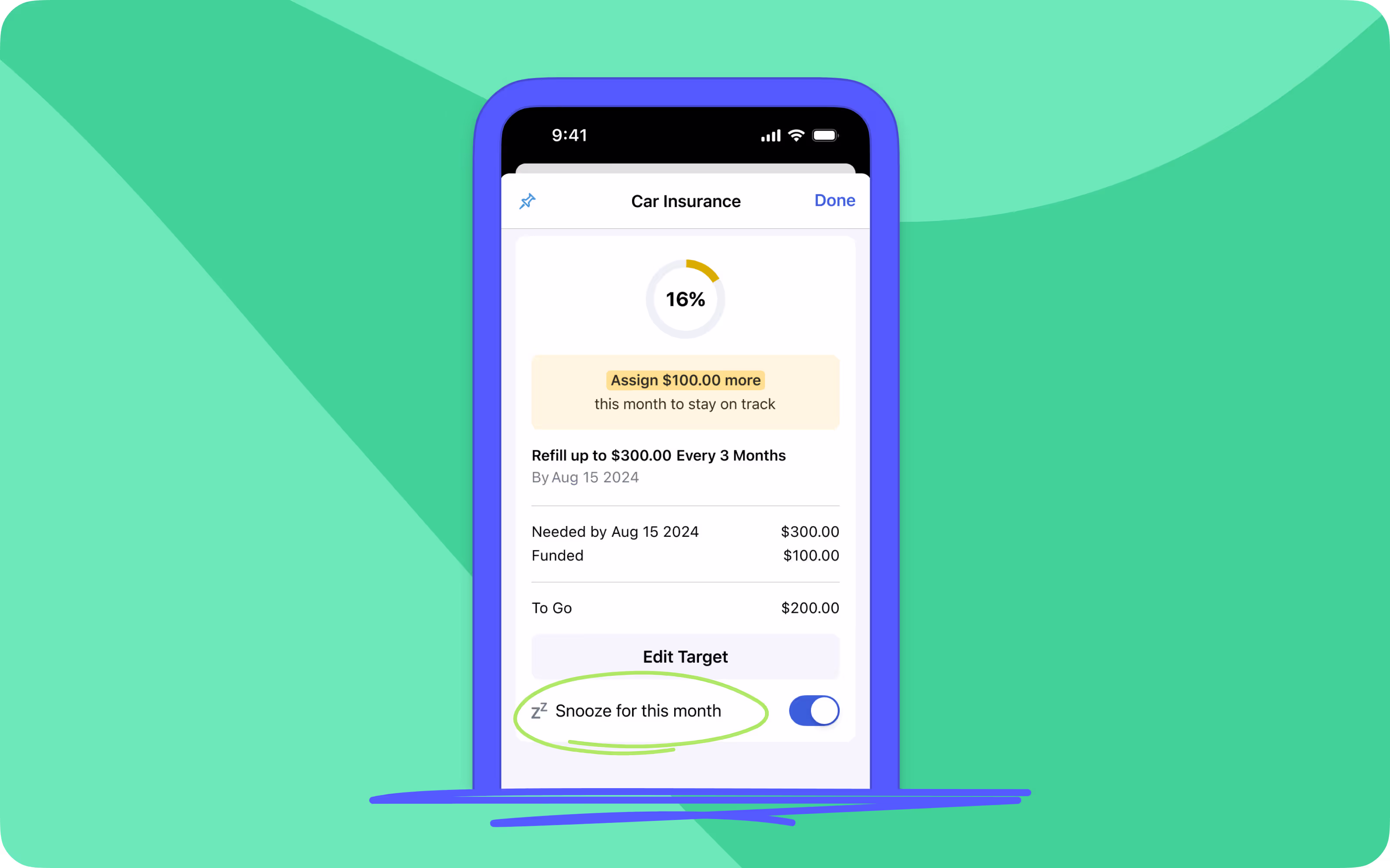 Target details in the YNAB mobile app with the snooze switch highlighted with a green circle